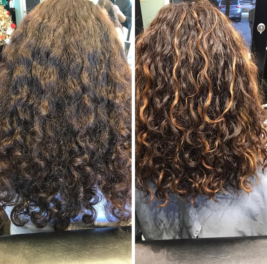 Deva cut and balayage transformation, before and after, on long brown curls with copper balayage by Richie at Damron & Company Salon in Austin