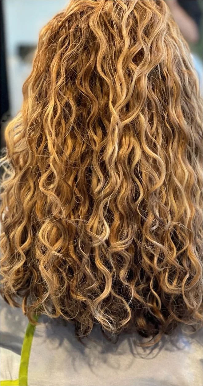 Deva cut with balayage on long golden-blonde waves, back view by Richie at Damron & Company Salon in Austin