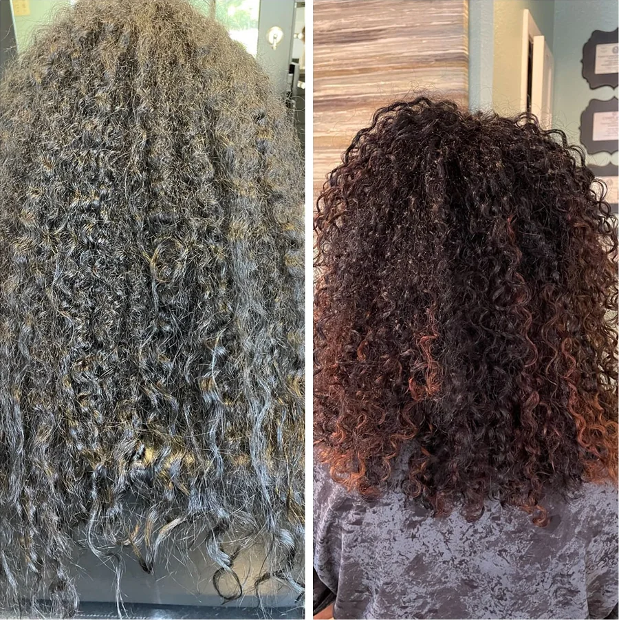 Deva cut with copper color, before and after, from gray-brown frizz to defined tight coils by Richie at Damron & Company Salon in Austin
