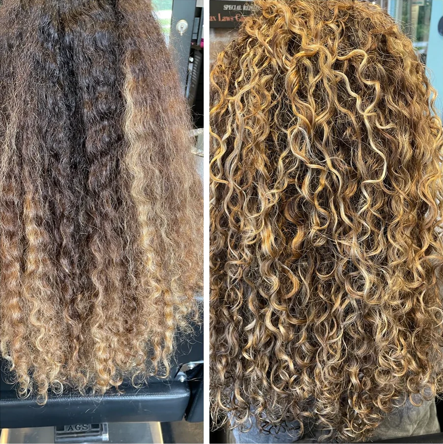 Deva cut with golden-blonde highlights, before and after, from dark frizz to defined spiral curls by Richie at Damron & Company Salon in Austin