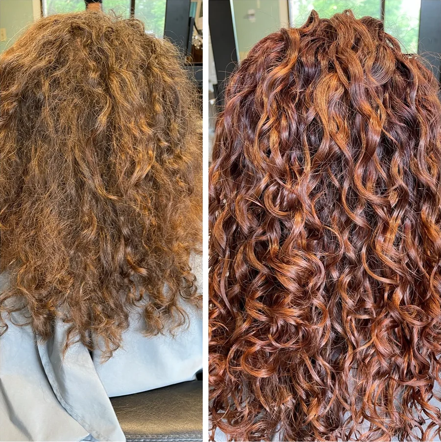 Deva cut and vivid auburn-red color, before and after, on long curls by Richie at Damron & Company Salon in Austin