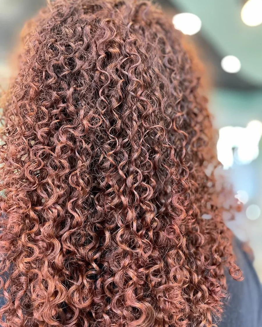 Deva cut with rose-copper color on tight ringlets, close-up back view by Richie at Damron & Company Salon in Austin