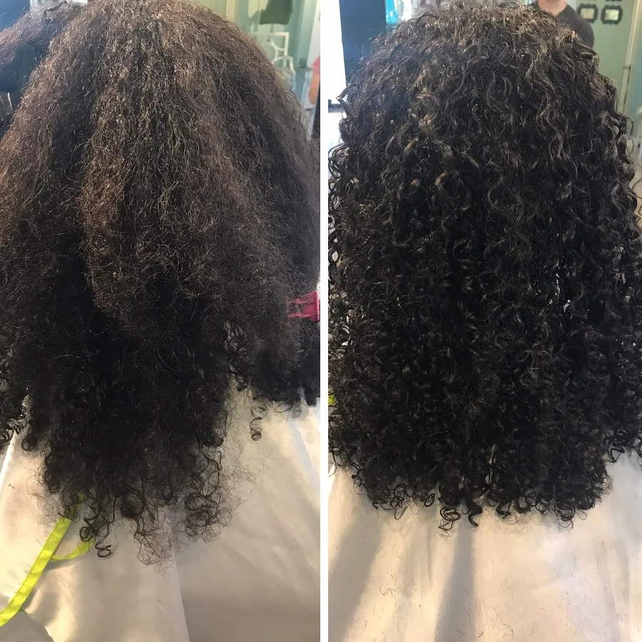 Deva cut and deep-conditioning transformation, before and after, on long dark tight curls by Richie at Damron & Company Salon in Austin