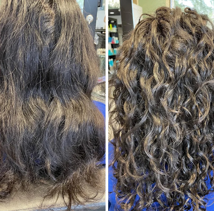 Deva cut transformation, before and after, from long frizz to defined loose curls by Richie at Damron & Company Salon in Austin
