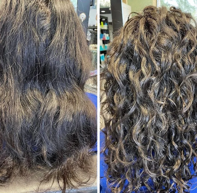 Deva cut transformation, before and after, from long dark frizz to shoulder-length defined loose curls by Richie at Damron & Company Salon in Austin