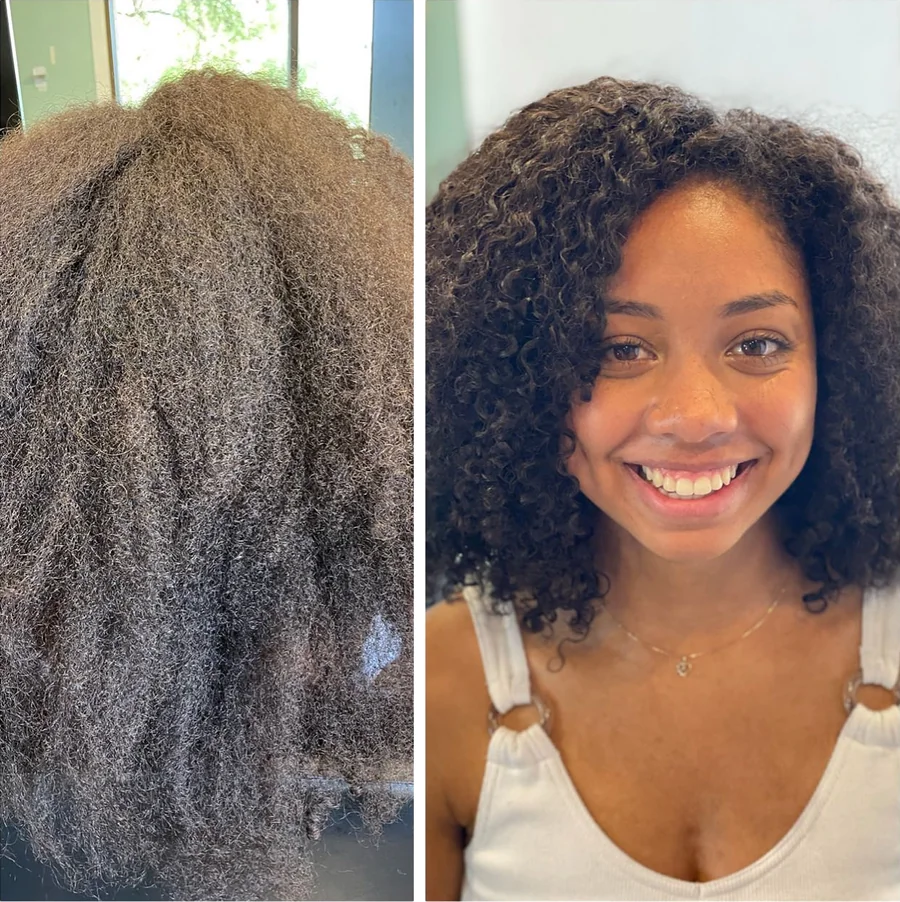 Deva cut transformation, before and after, on shoulder-length tight coils by Richie at Damron & Company Salon in Austin