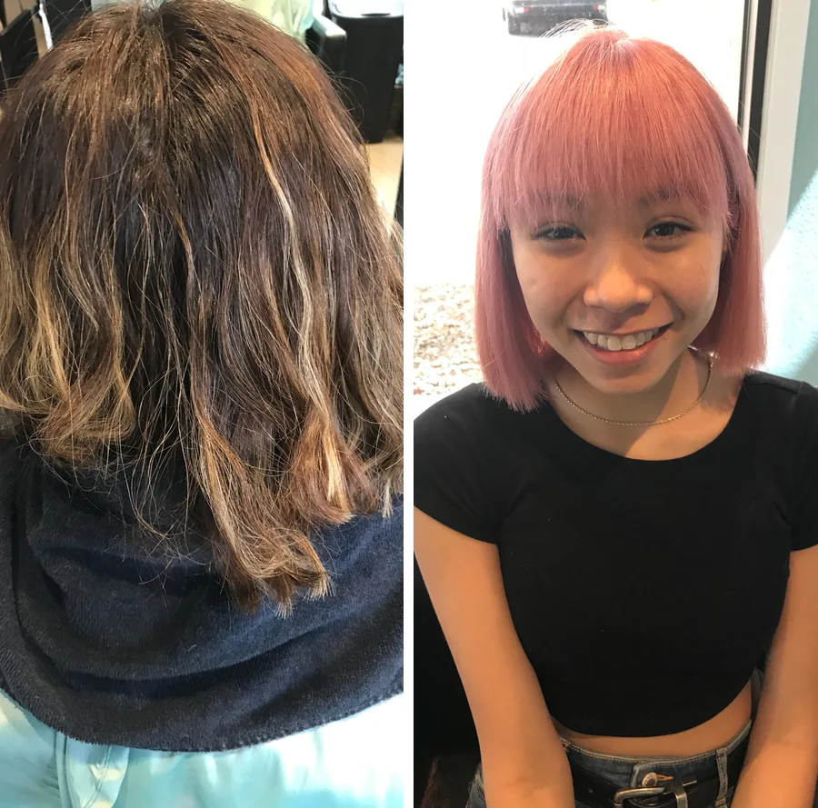 Fashion color and haircut, before and after, to a pink bob with bangs, smiling client by Richie at Damron & Company Salon in Austin
