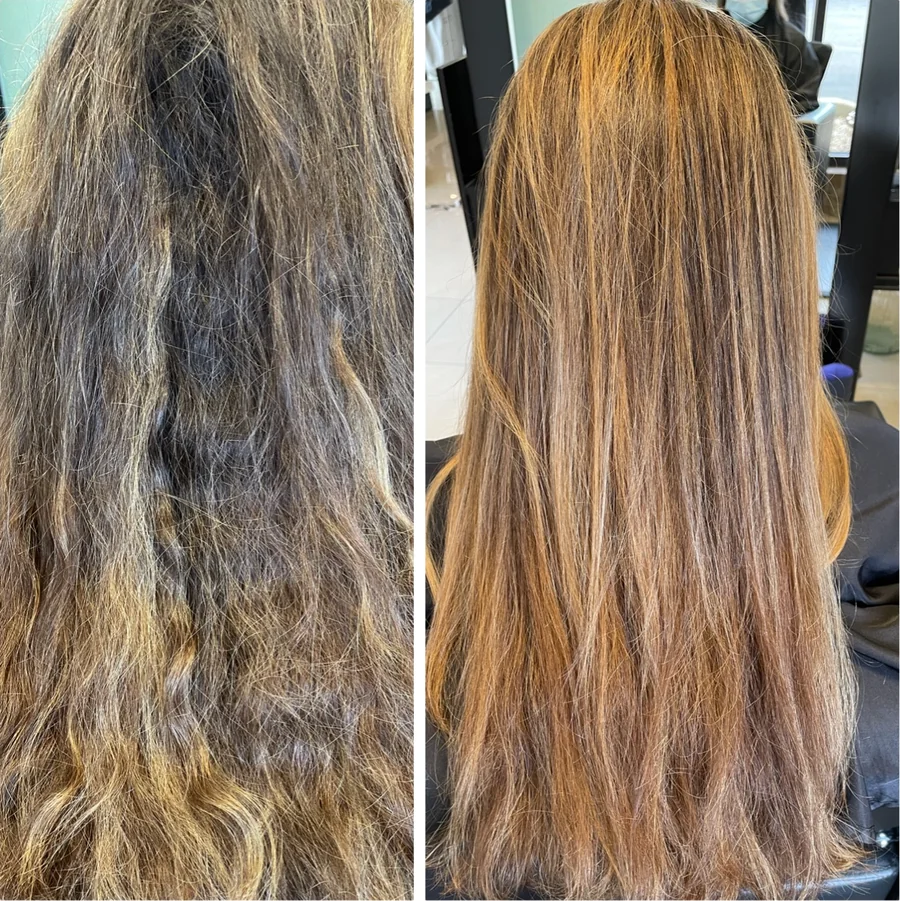 Color with keratin treatment, before and after, from frizz to smooth copper shine by Richie at Damron & Company Salon in Austin