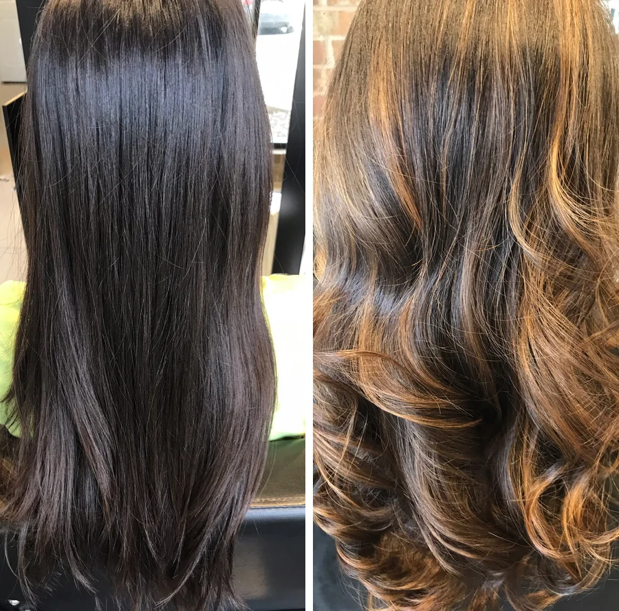 Long layered haircut with balayage, before and after, from dark to caramel dimension by Richie at Damron & Company Salon in Austin